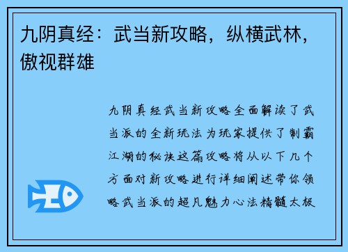 九阴真经：武当新攻略，纵横武林，傲视群雄
