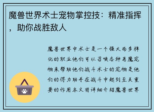 魔兽世界术士宠物掌控技：精准指挥，助你战胜敌人