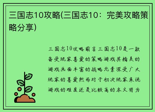 三国志10攻略(三国志10：完美攻略策略分享)
